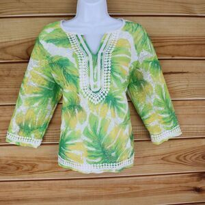 Alfred Dunner Blouse Womens PM Green‎ White Leaves 3/4 Sleeves Embroidered Trim